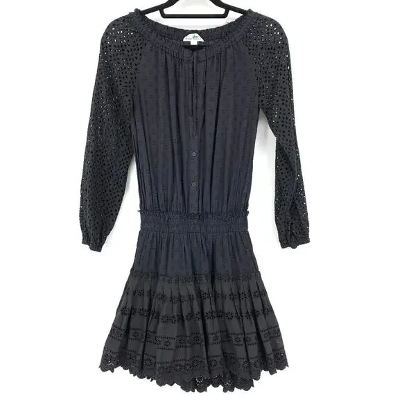 Roller Rabbit Dress Women's XS Arista Mini Long Sleeve Black Drop Waist Lace - Picture 1 of 6